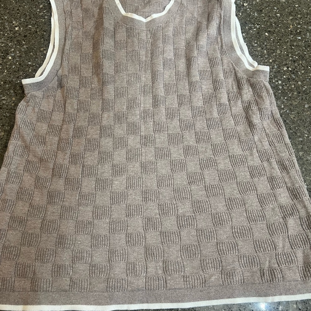 Women's Taupe Sleeveless Check Pattern Texture Vest Size S Nerdy Preppy Layer